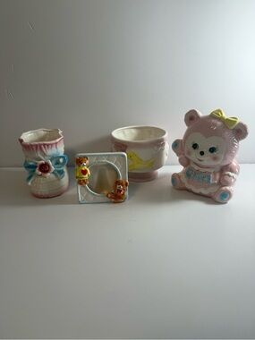 Vintage Rubens Nursery Planter Set  Of 4Bear Boot Frame Round Japan 1950’s Cute!